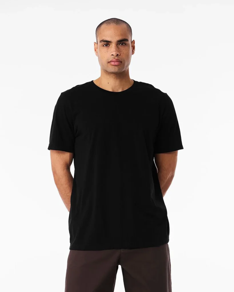 Man wearing a plain black short-sleeve t-shirt; hands behind his back against a white studio background.