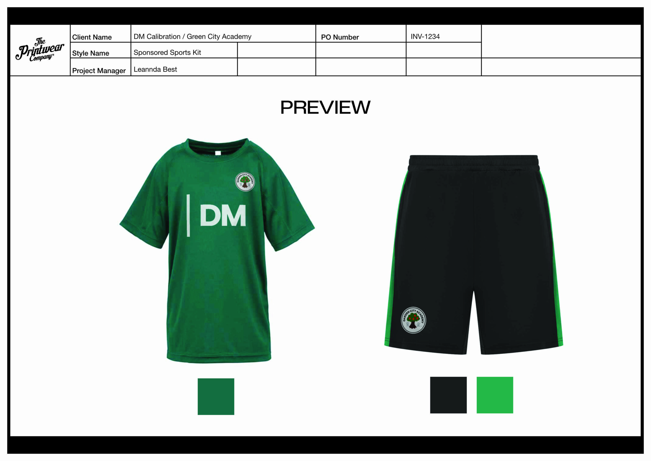 Preview of a sponsored sports kit: green DM T‑shirt with a round crest on the chest and black shorts with green side trim and a circular logo near the leg; color swatches shown below (green, dark green, black, lime).