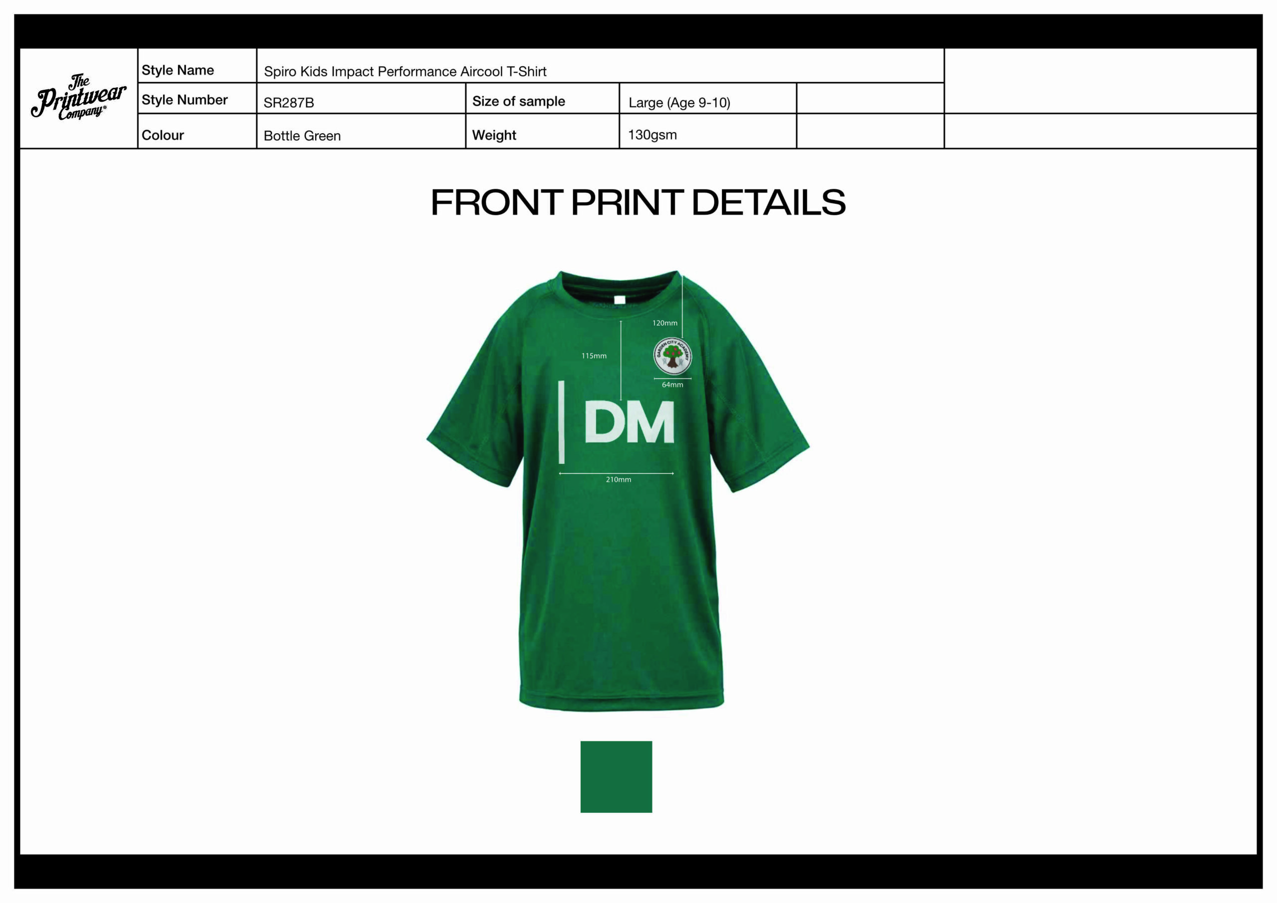 Green T-shirt with a white 'DM' graphic and a crest on the chest, shown with front-print measurement details (width and vertical measurements)