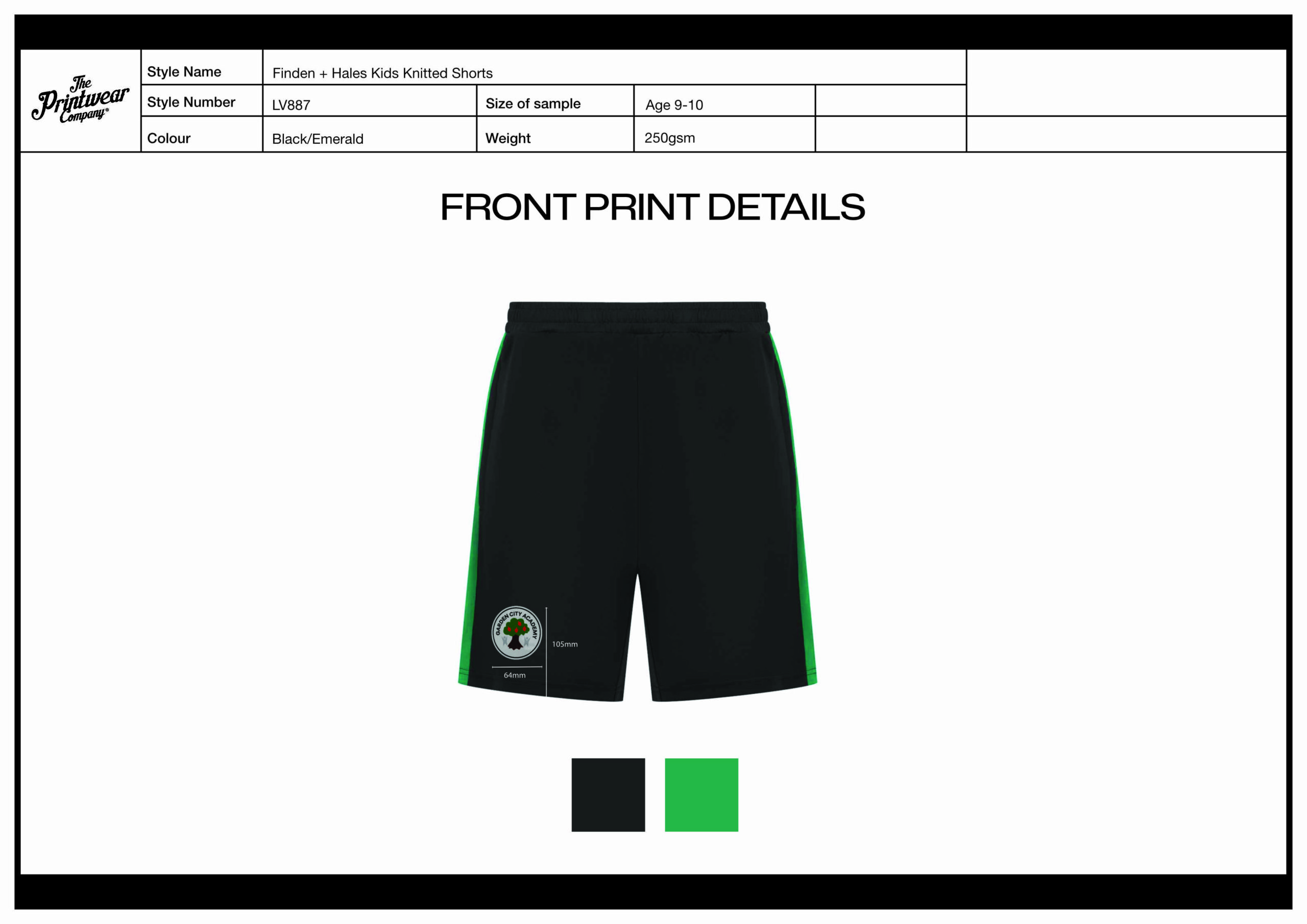 Black shorts with neon green side panels, showing front print details and a left-leg logo patch