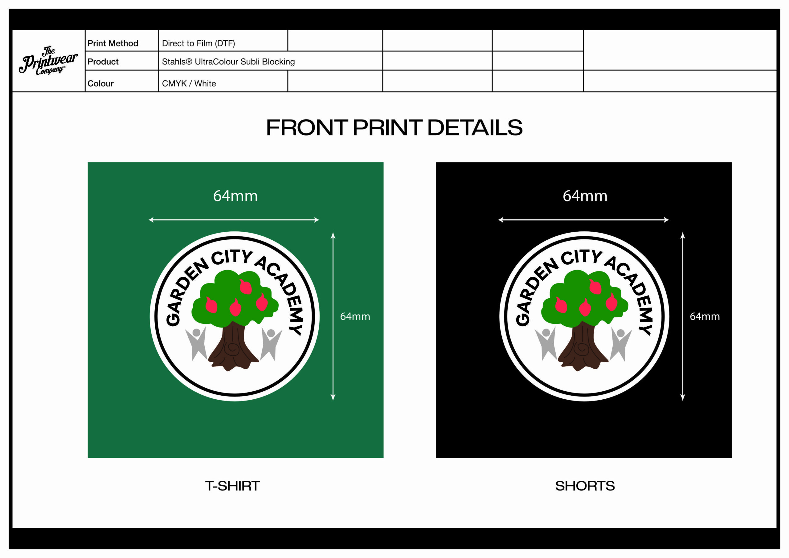 Front print details comparison: two mockups (green T-shirt left, black shorts right) showing 64 mm width and height measurements with a circular Garden City Academy logo in the center.