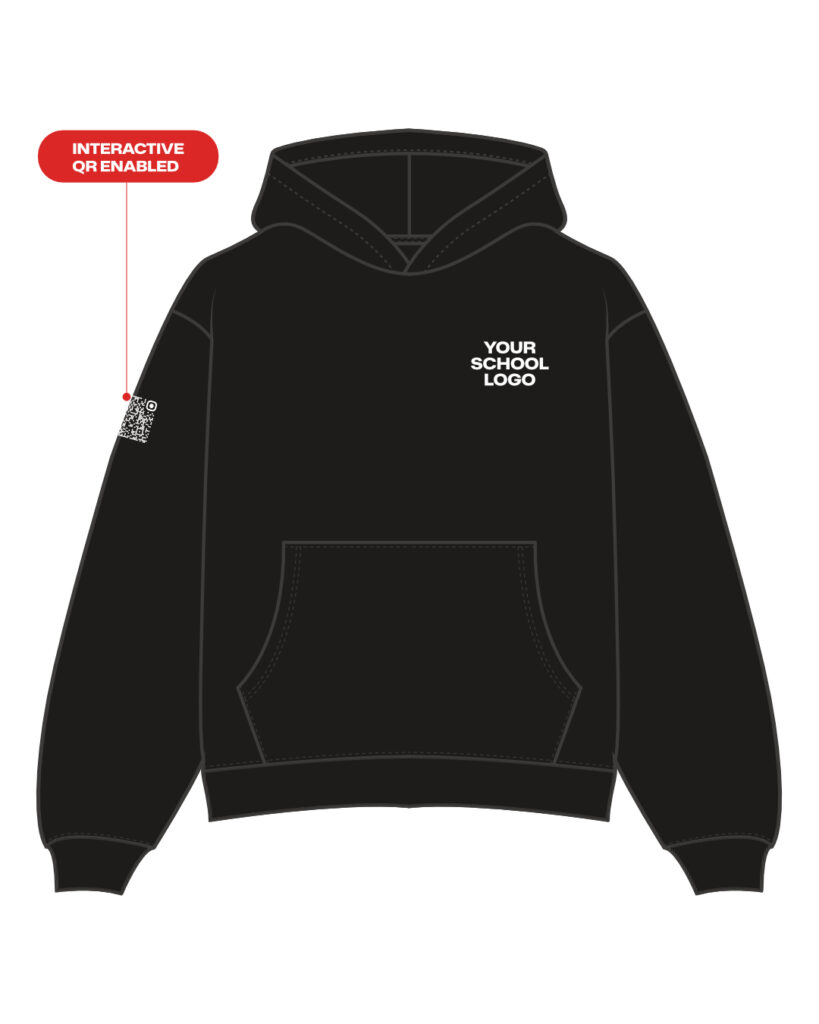 Black hoodie with 'Your School Logo' on the chest and a QR code tag on the left sleeve labeled 'Interactive QR Enabled'.