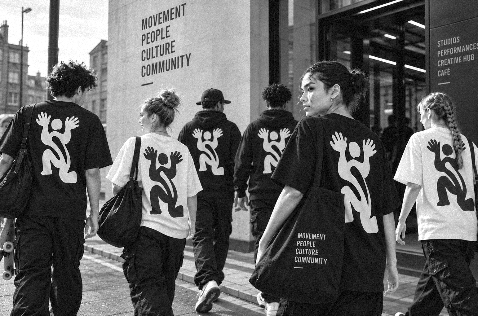 Group of people wearing matching shirts with a stylized figure logo, walking away on a city sidewalk; tote bags read Movement People Culture Community.