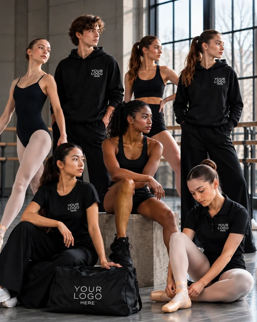 Dance students wearing coordinated black dancewear and school uniforms in a rehearsal studio
