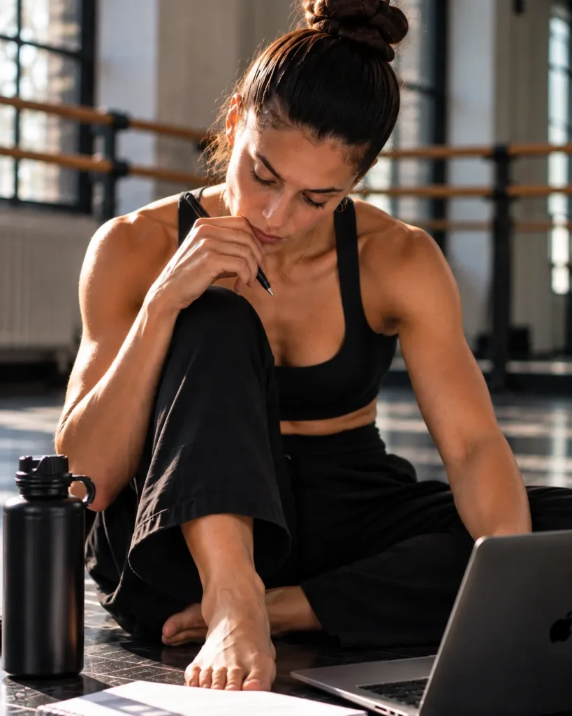 Dance teacher reviewing uniform administration paperwork and a laptop while seated on the floor of an empty dance studio.