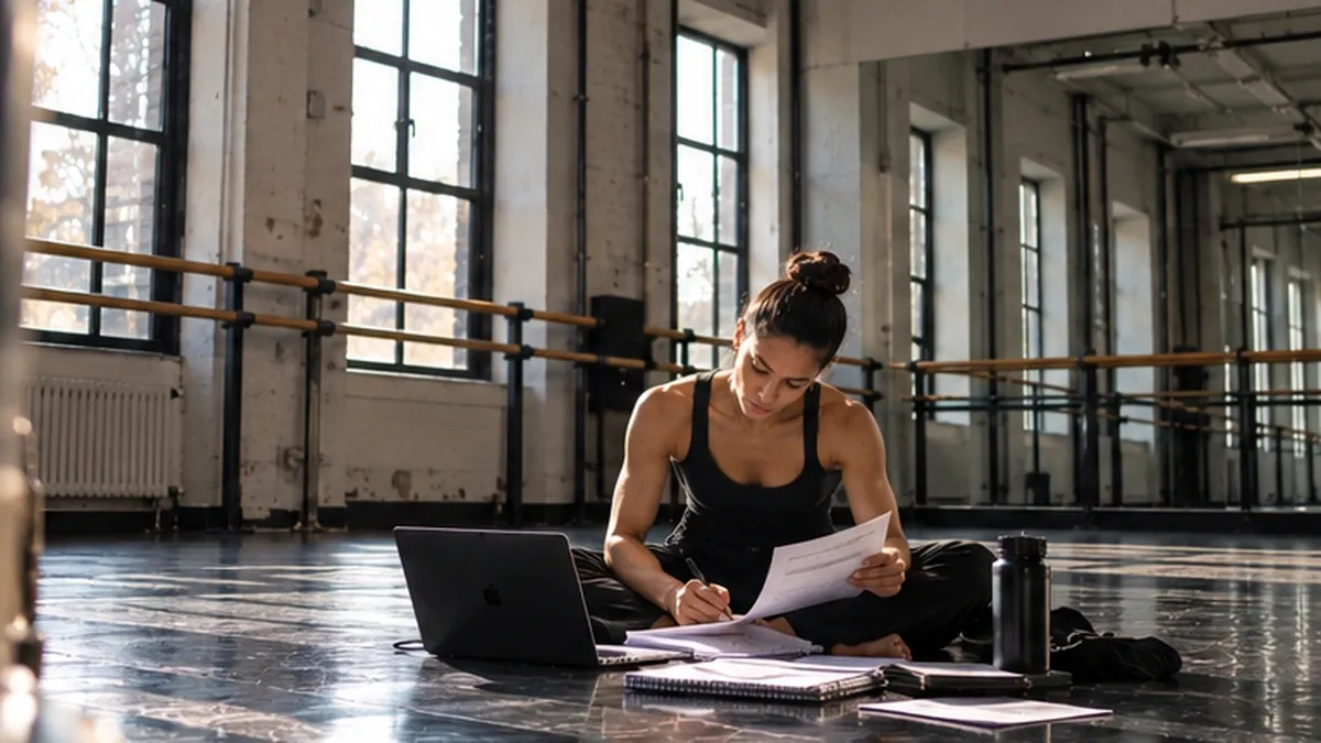 Dance teacher managing clothing administration in a dance studio, surrounded by paperwork and a laptop.