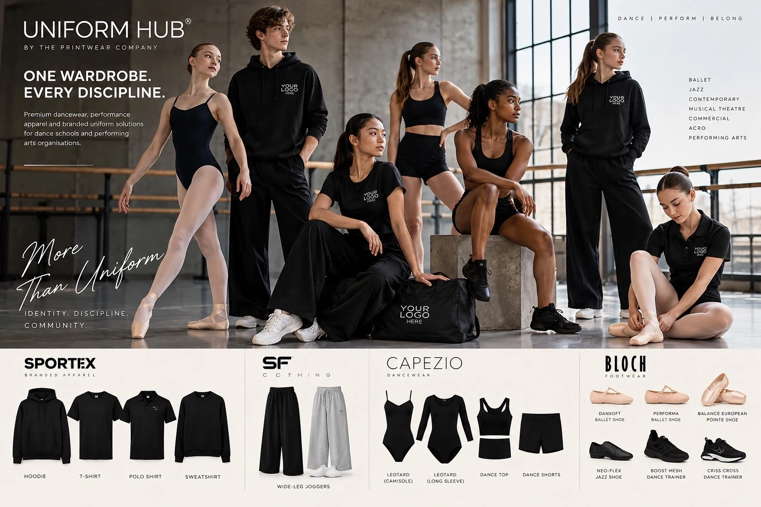 Uniform Hub dancewear and school uniform collection featuring dancers in coordinated clothing and a selection of apparel and footwear