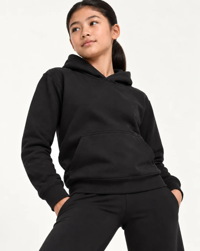 Kids Pullover Hoodie in black, shown on a dancer against an off-white studio background