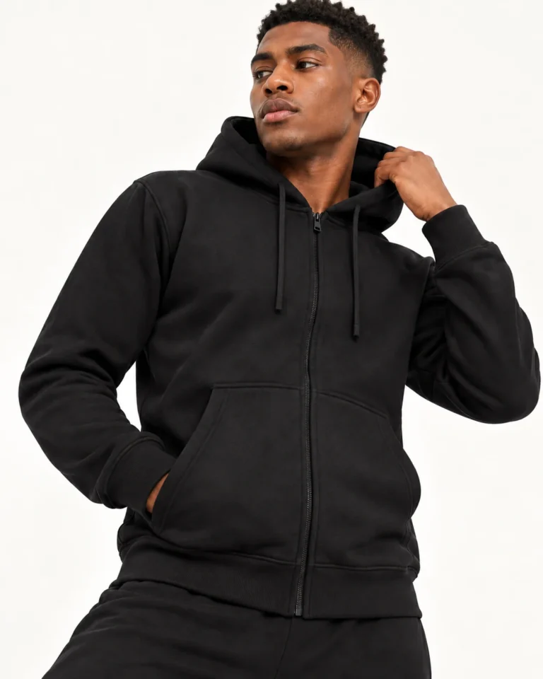 Adults Zipped Hoodie in Black | Sportex HSZ | The Printwear Company ™ Adults Zipped Hoodie in black, shown on a dancer against an off-white studio background