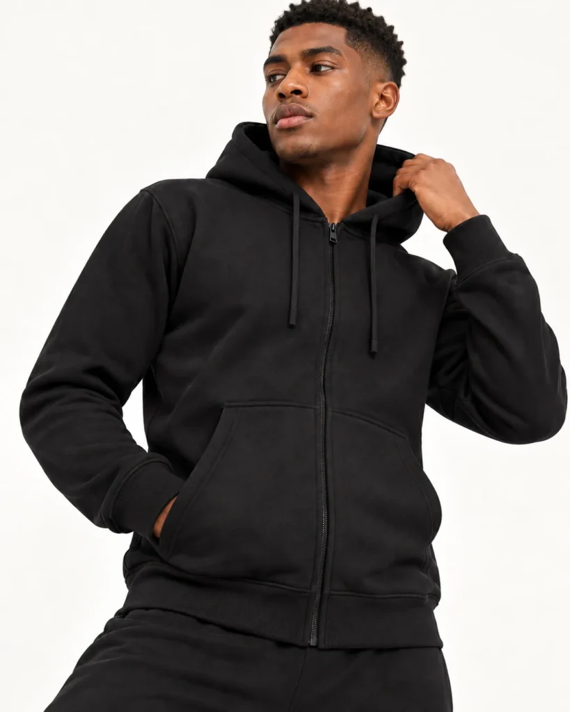 Adults Zipped Hoodie in black, shown on a dancer against an off-white studio background