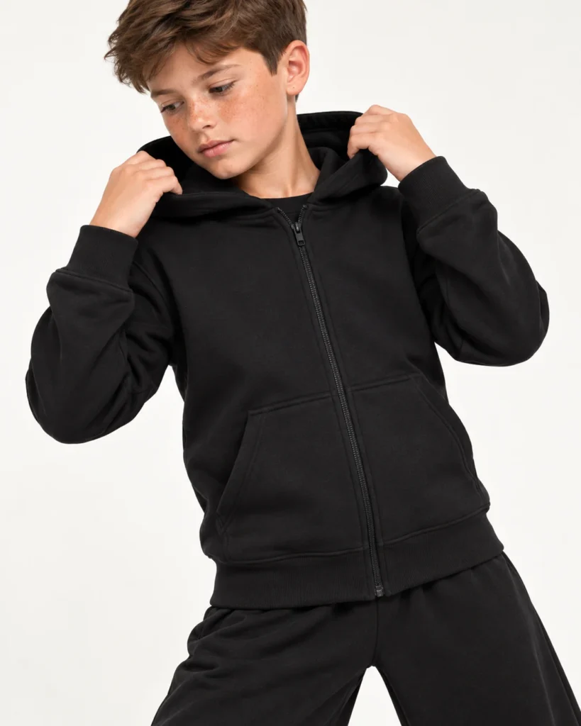 Kids Zipped Hoodie in black, shown on a dancer against an off-white studio background
