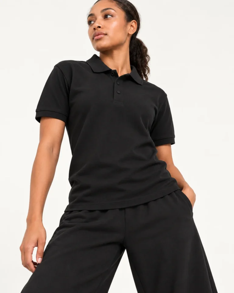 Adults Premium Pique Polo in Black | Sportex PS | The Printwear Company ™ Adults Premium Pique Polo in black, shown on a dancer against an off-white studio background