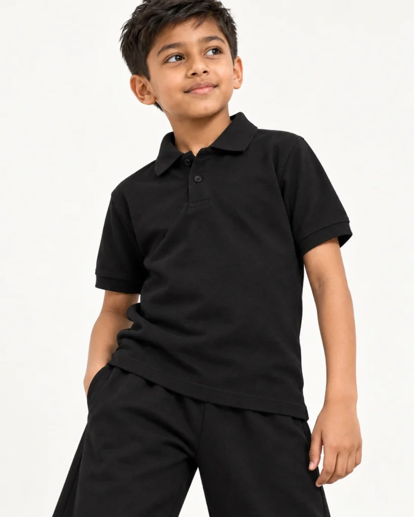 Kids Premium Pique Polo in black, shown on a dancer against an off-white studio background