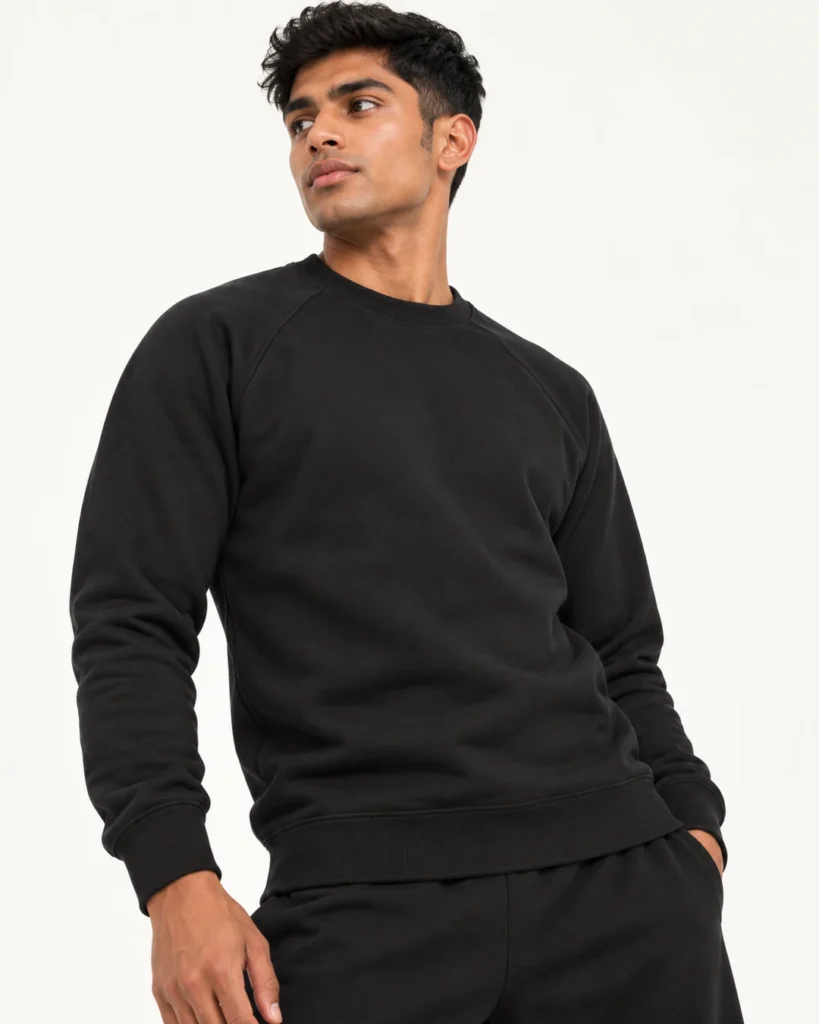 Adults Raglan Crew-Neck Sweatshirt in black, shown on a dancer against an off-white studio background
