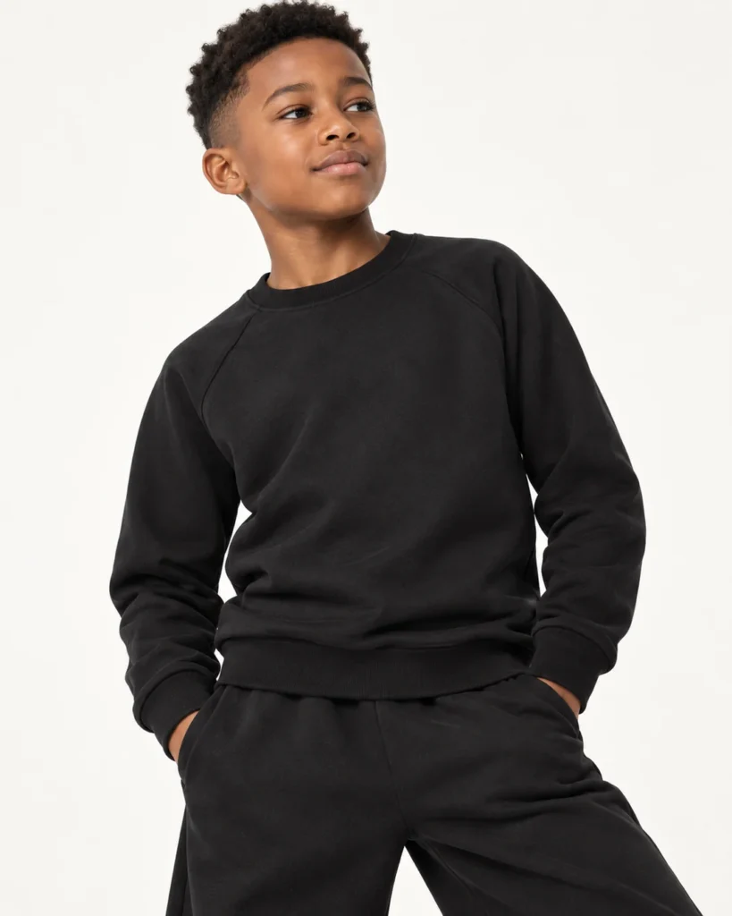 Kids Raglan Crew-Neck Sweatshirt in black, shown on a dancer against an off-white studio background