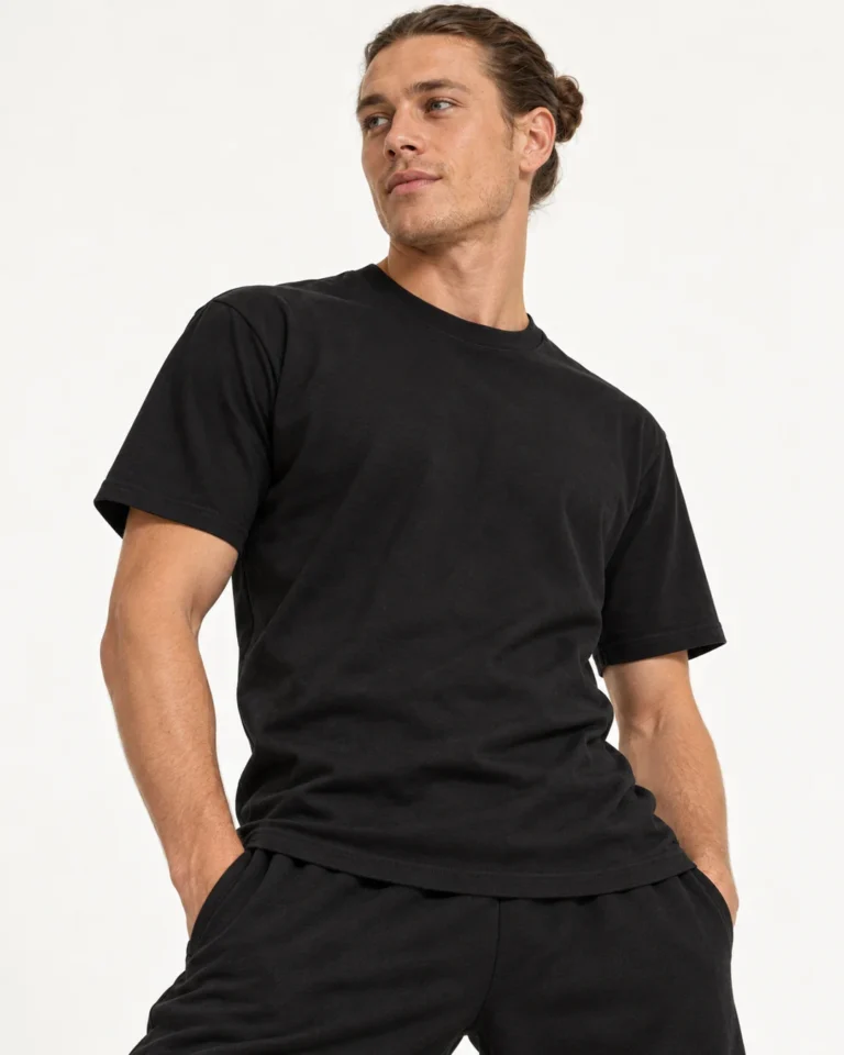 Adults Cotton T-Shirt in Black | Sportex TS | The Printwear Company ™ Adults Cotton T-Shirt in black, shown on a dancer against an off-white studio background